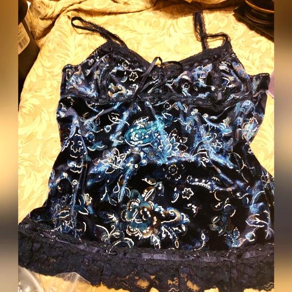 🔹🩶🔹Stunning Vtg Flocked Velvet Floral Paisley Lace Corset Cami Top - XL - Picture 1 of 16